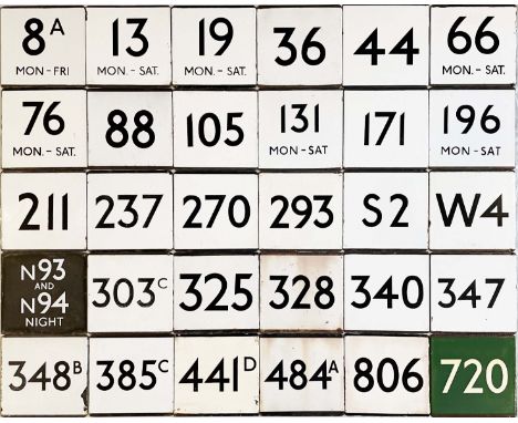 Large quantity (30) of London Transport bus stop enamel E-PLATES with a wide spread of route nos across the whole system. Gen