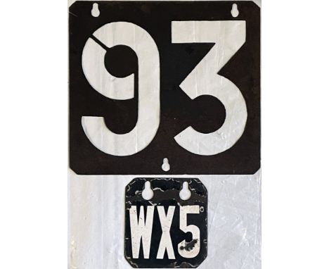 Pair of unusual London tram items comprising a ROUTE STENCIL PLATE for service 93 and a single-sided, enamel RUNNING NUMBER P