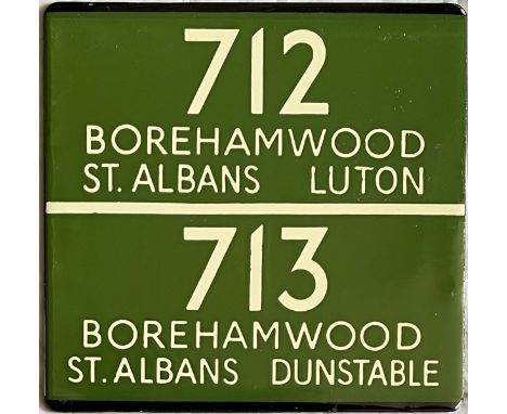 London Transport coach stop enamel E-PLATE for Green Line routes 712 destinated Borehamwood, St Albans, Luton and 713 destina