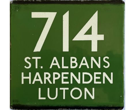 London Transport coach stop enamel E-PLATE for Green Line route 714 destinated St Albans, Harpenden Luton. Just two pairs wer