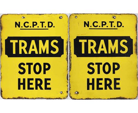 Newcastle Corporation Passenger Transport Department enamel TRAM STOP FLAG (compulsory). A double-sided sign measuring 12" x 