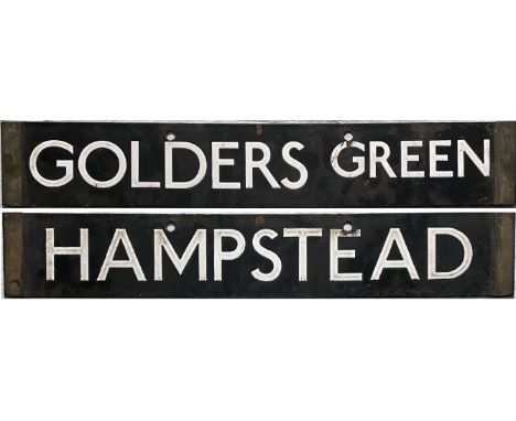 London Underground 1938-Tube Stock enamel CAB DESTINATION PLATE for Golders Green / Hampstead on the Northern Line. A double-