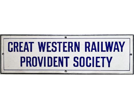 GWR noticeboard ENAMEL HEADER PLATE 'Provident Society'. Measures 13.5" x 4" (34cm x 10cm) and is in very good, ex-use condit