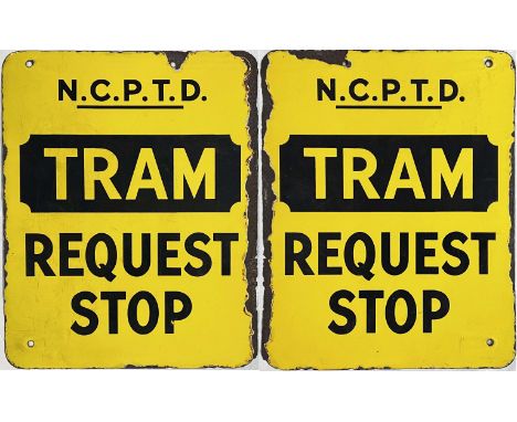 Newcastle Corporation Passenger Transport Department enamel TRAM STOP FLAG 'Request Stop'. A double-sided sign measuring 12" 