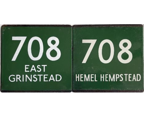 Pair of London Transport coach stop enamel E-PLATES for Green Line route 708, one for each direction, the first destinated Ea