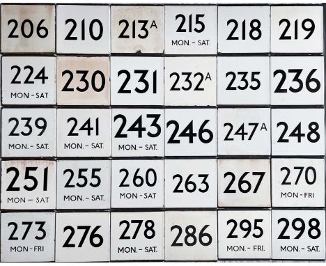 Large quantity (30) of London Transport bus stop enamel E-PLATES with Central Area route numbers from 206 to 298. Generally i
