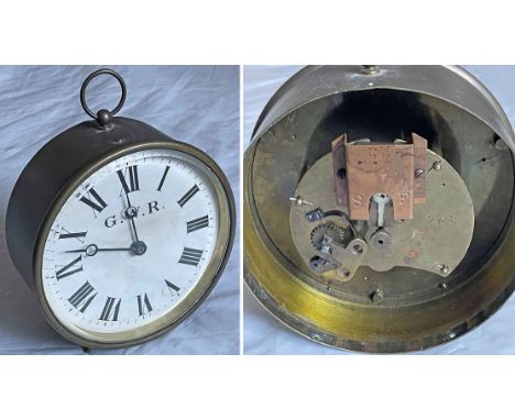GWR brass, railway DRUM CLOCK with 5" (13cm) dial. Runs well but not checked for timekeeping. Dial is free from material defe