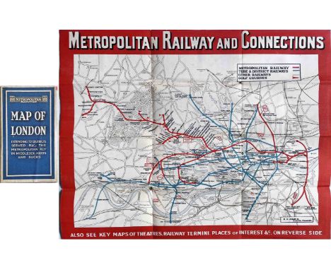 c1926 Metropolitan Railway POCKET MAP, the Met's version of the London Underground map, with its own lines in red and the res