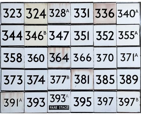 Large quantity (30) of London Transport bus stop enamel E-PLATES with Country Area route numbers from 323 to 397B. Generally 