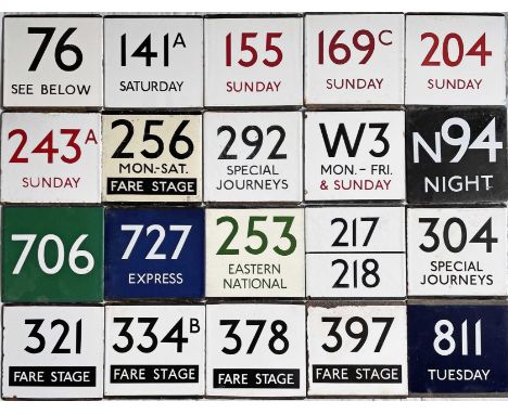Large quantity (20) of London Transport bus stop enamel E-PLATES from across the network and featuring a number of interestin