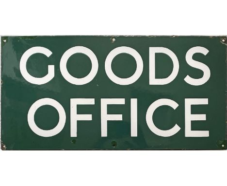 Southern Railway enamel SIGN 'GOODS OFFICE'. An unusual variant not often seen. Measures 24" x 12" (61cm x 30cm) and is in ex
