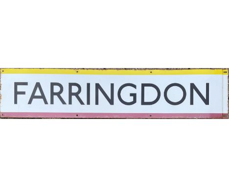 1960s/70s London Underground enamel PLATFORM FRIEZE PANEL from Farringdon Station on the Metropolitan, Circle and Hammersmith