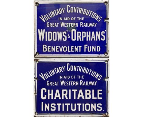Pair of GWR collection box ENAMEL PLATES, the first for the Widows' & Orphans' Benevolent Fund and the other for Charitable I
