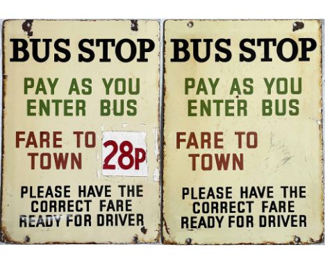 Blackpool Corporation enamel BUS STOP FLAG for 'Pay as you enter bus', also marked 'Fare to town' and 'Please have the correc