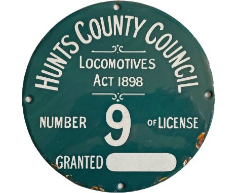 Early 20th-century enamel LICENCE PLATE Number 9 issued by Huntingdonshire County Council under the Locomotives Act 1898 and 