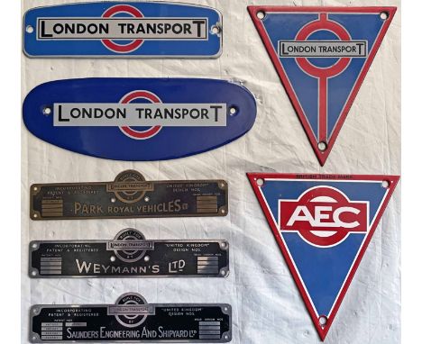 Selection (7) of London Transport bus enamel RADIATOR BADGES and alloy BODYBUILDERS' PLATES comprising examples of the former