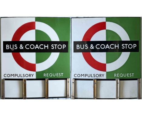 1950s/60s London Transport enamel BUS &amp; COACH STOP FLAG (Bus Compulsory, Coach Request), an E3 version with runners for 3