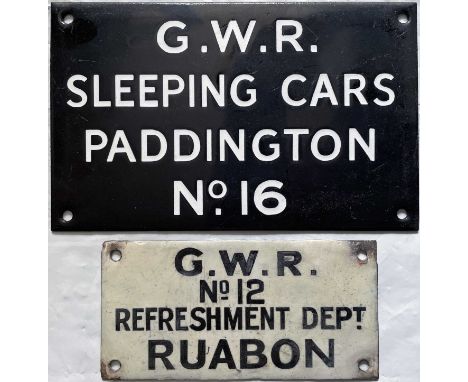 Pair of GWR ENAMEL PLATES, both rather unusual. The first reads 'Sleeping Cars, Paddington, No 16' and the other 'No 12, Refr