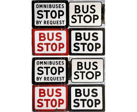 Selection (4) of 1950s/60s double-sided, enamel BUS STOP FLAGS with small variations. The request stop features the word 'Omn