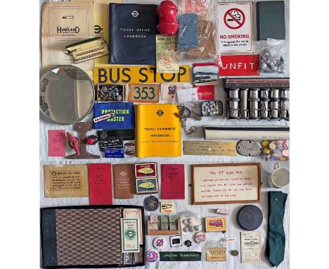 Large tray containing a large quantity of bus-related MEMORABILIA/EPHEMERA. A "delver's delight" including a bus mirror, chan