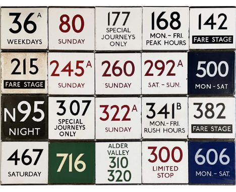 Large quantity (20) of London Transport bus stop enamel E-PLATES from across the network and featuring a number of interestin