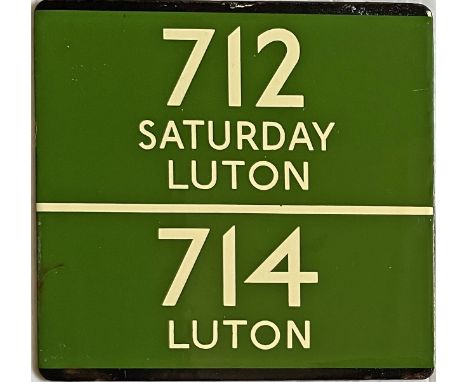 London Transport coach stop enamel E-PLATE for Green Line routes 712 Saturday destinated Luton and 714 destinated Luton. An e