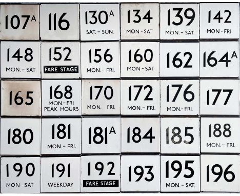 Large quantity (30) of London Transport bus stop enamel E-PLATES with Central Area route numbers from 107A to 197. Generally 