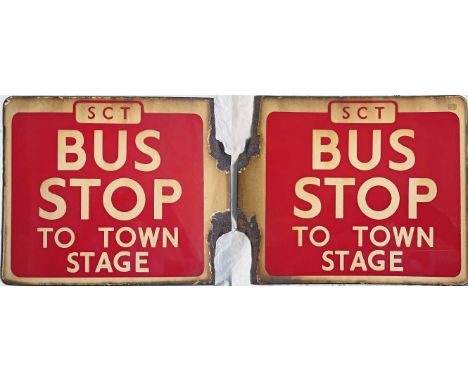 Southport Corporation enamel BUS STOP FLAG marked 'To Town' and 'Stage'. A double-sided sign measuring 14" x 11.5" (36cm x 29