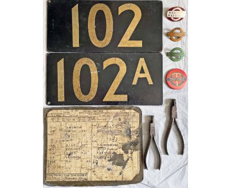 Selection (9 items) of London Transport etc bus-related items comprising 2 x roofbox RT CANOPY ROUTE NUMBER PLATES, double-si