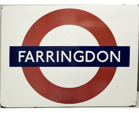 1950s/60s London Underground enamel PLATFORM BULLSEYE SIGN from Farringdon Station on the Metropolitan, Circle and Hammersmit