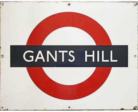 1950s/60s London Underground enamel PLATFORM BULLSEYE SIGN from Gants Hill Station on the Central Line. Designed by Charles H