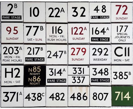 Large quantity (30) of London Transport bus stop enamel E-PLATES with a wide spread of route nos across the whole system and 