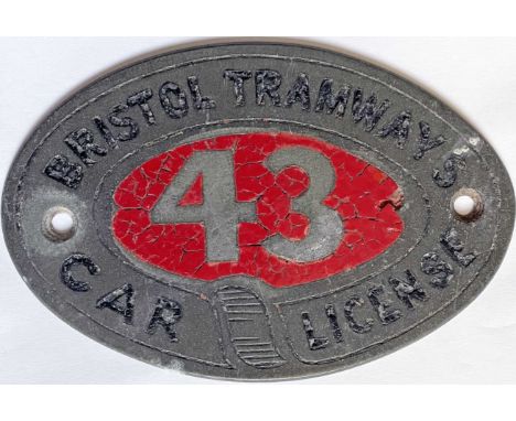 c1895 Bristol Tramways CAR LICENSE (sic) PLATE from tram no 43. A brass plate with enamelled centre and an amazing survivor -