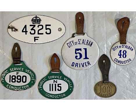 Selection (6) of early PSV LICENCE BADGES &amp; PLATE comprising enamel vehicle licence plate 4325 F (Eastern Area), a pair o