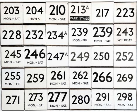 Large quantity (30) of London Transport bus stop enamel E-PLATES with Central Area route numbers from 203 to 298. Generally i