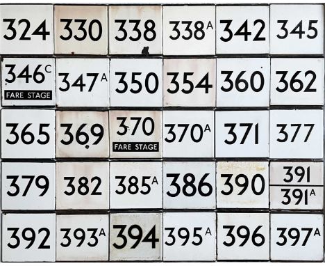 Large quantity (30) of London Transport bus stop enamel E-PLATES with Country Area route numbers from 324 to 397A. Generally 