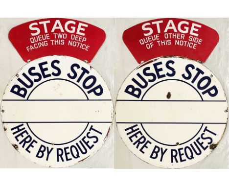 Birmingham City Transport double-sided, enamel BUS STOP FLAG plus double-sided STAGE/QUEUE PLATE. The bus stop is the Request