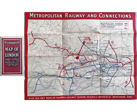 c1924 Metropolitan Railway POCKET MAP, the Met's version of the London Underground map, with its own lines in red and the res