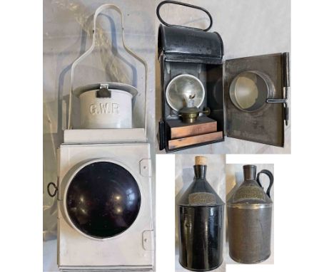 Selection (4) of GWR LAMPS &amp; CANS comprising a tail lamp marked GWR on the chimney and BR (LMR) on the burner, a lorry/ro