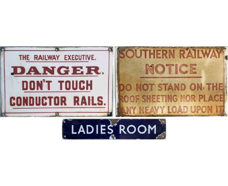 Selection (3) of railway ENAMEL SIGNS comprising BR(S) 'The Railway Executive. Danger, don't touch conductor rails' (good, ex