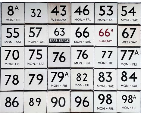 Large quantity (30) of London Transport bus stop enamel E-PLATES with Central Area route numbers from 8A to 98A. Generally in