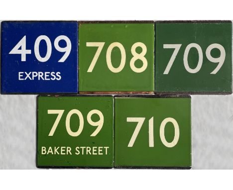 Selection (5) of London Transport bus/coach stop enamel E-PLATES comprising 409 Express (blue background) and Green Line rout