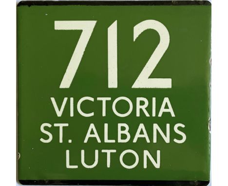 London Transport coach stop enamel E-PLATE for Green Line route 712 destinated Victoria, St Albans, Luton. Destinated plates 
