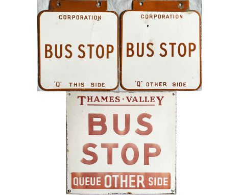 Pair of 1950s/50s enamel BUS STOP FLAGS, the first from Maidstone Corporation (double-sided, 10" x 11" - 26cm x 28cm), the ot