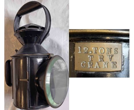 GWR 3-aspect HANDLAMP with brass plate '12 tons T R V Crane' (Travelling Crane). Embossed GWR on the chimney and similarly ma