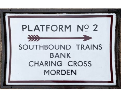 1920s London Underground enamel SIGN "Platform no 2, Southbound Trains, Bank, Charing Cross, Morden" with a 4-feathered arrow