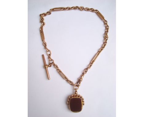 A late Victorian 9 carat gold fancy link Albert watch chain with agate and bloodstone swivel fob, approx 40g. 