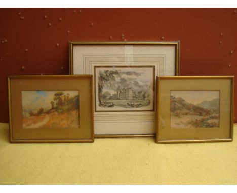 A pair of watercolour moorland scenes signed M. Bartlett and a coloured print of Penshurst. 