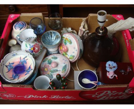 A box of mixed ceramics and glass to include a brown glass lamp, glass cocktail stirrers etc.