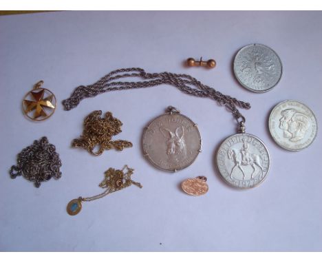 A silver Australian dollar 1995 mounted as a pendant with a yellow metal Maltese cross pendant, a yellow metal chain and pend
